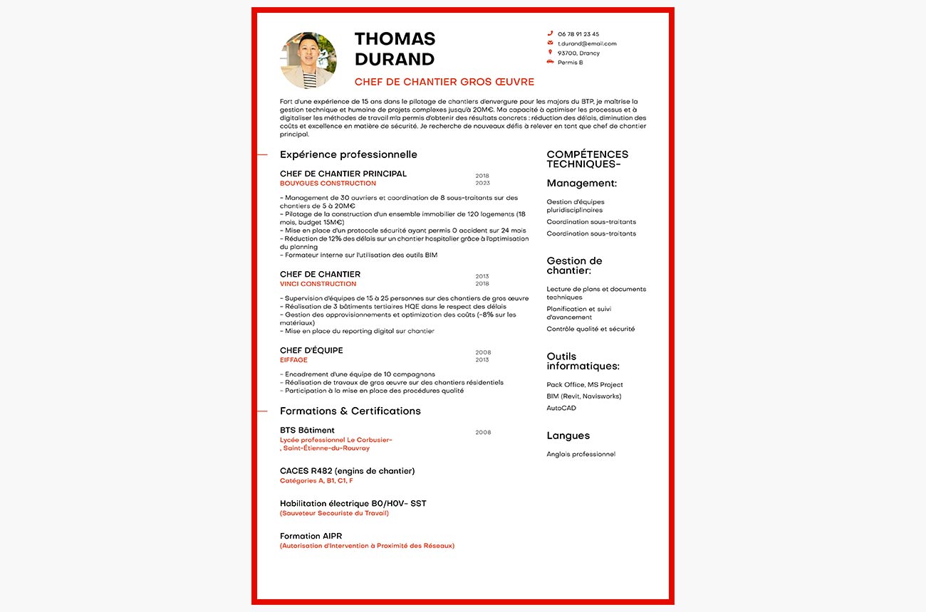 cv chef de chantier